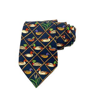 Alynn Neckwear “Decoys” Necktie Mens 100% Silk USA Ducks Father's Day Navy Blue